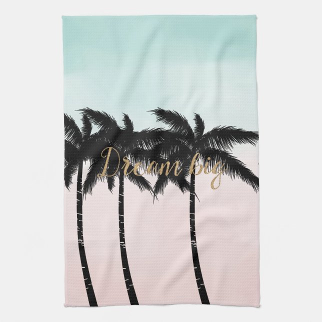 Tropical Palm Trees Pink Mint Ombre gold dream big Tea Towel (Vertical)