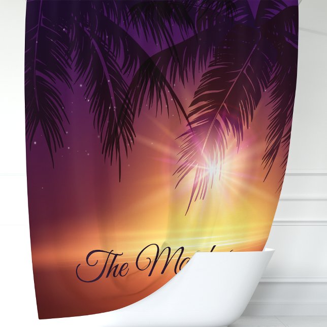 Tropical Palm Trees Purple Sunset Family Monogram Shower Curtain (Creator Uploaded)