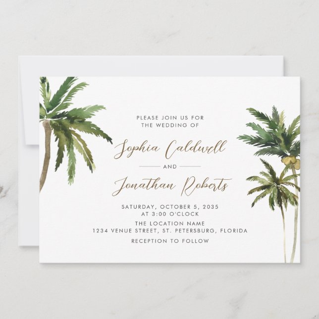 Tropical Palm Trees QR Code Destination Wedding Invitation (Front)