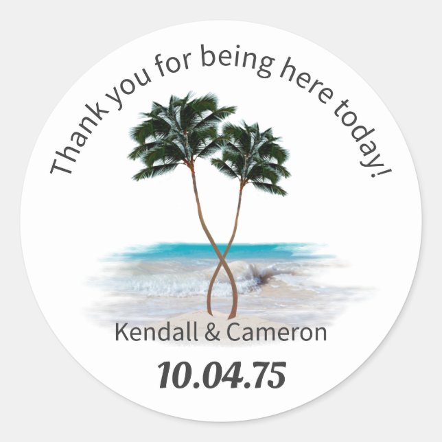 Tropical Palm Trees Round Wedding Sticker (Front)