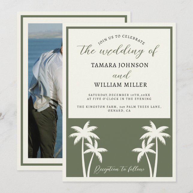 Tropical Palm Trees Sage Green Wedding Photo   Invitation (Front/Back)