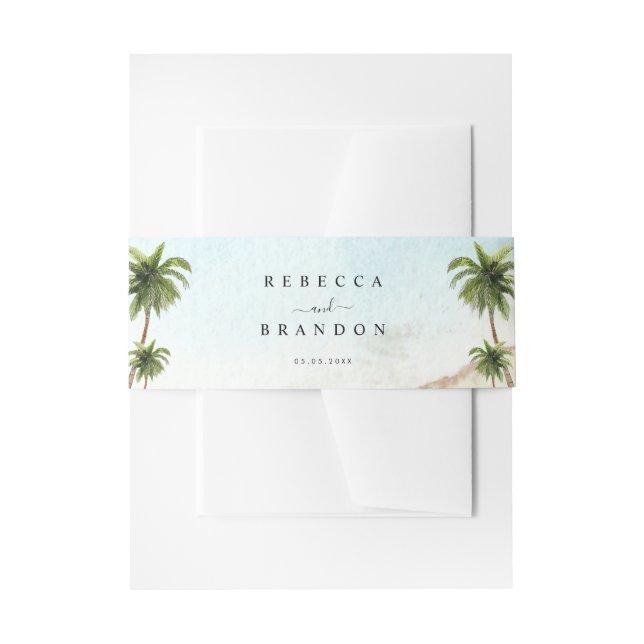 Tropical Palm Trees Sand BeachDestination Wedding Invitation Belly Band (Front Example)