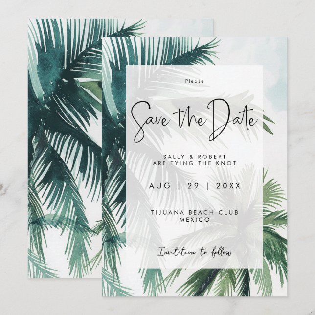 tropical palm trees save the date card (Front/Back)