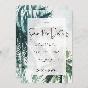 tropical palm trees save the date card