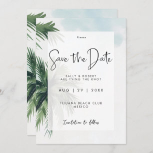 tropical palm trees save the date card