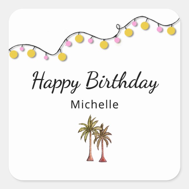 Tropical Palm Trees String Lights Birthday Party Square Sticker (Front)