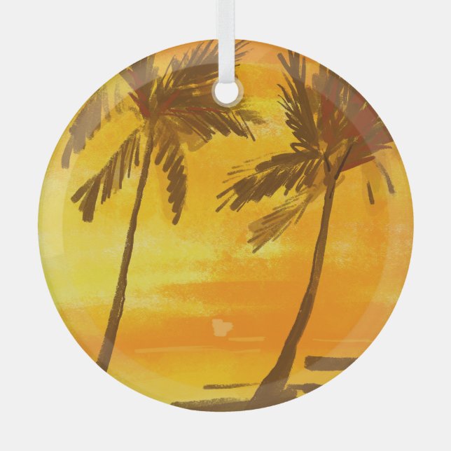 Tropical Palm Trees Summer Background Glass Tree Decoration (Front)