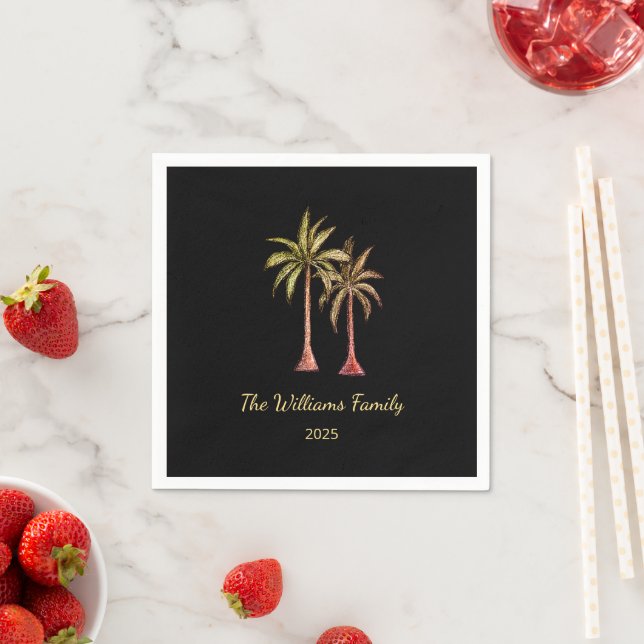 Tropical Palm Trees Summer Pool Party Black Napkin (Insitu)