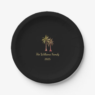 Tropical Palm Trees Summer Swim Party Black Paper Plate
