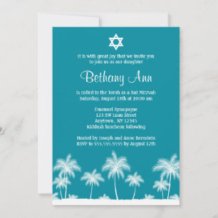 Tropical Palm Trees Teal Bat Mitzvah Invitations