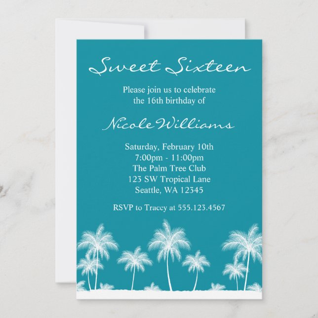 Tropical Palm Trees Teal Blue Sweet 16 Invitation (Front)