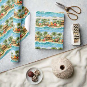 Tropical palm trees, tiki huts, beach cocktail wrapping paper