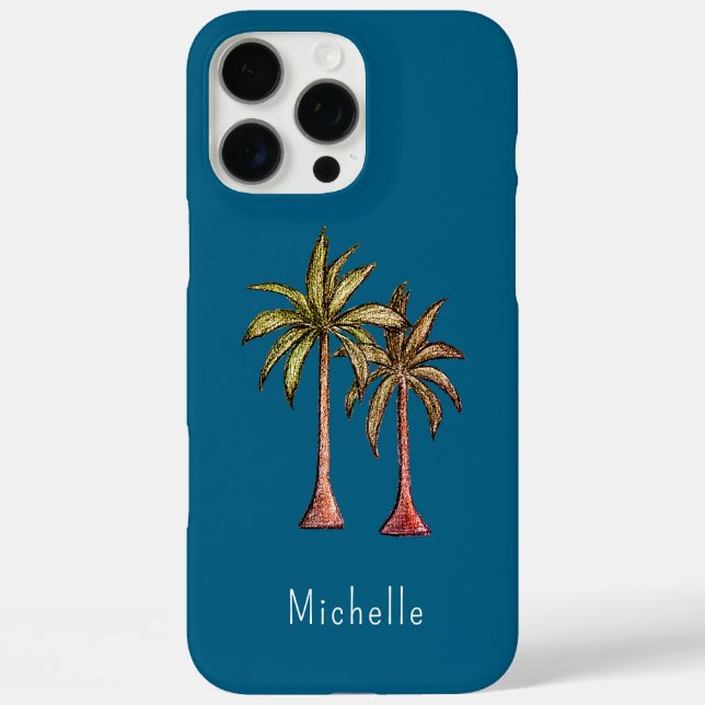 Tropical Palm Trees Trendy Teal Personalised  Case-Mate iPhone Case (Back)