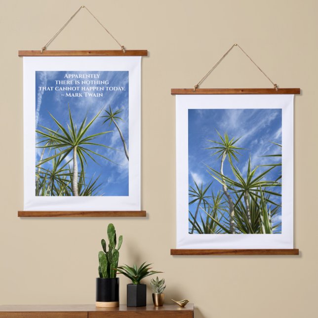 Tropical Palm Trees Twain Quote Blue and White Hanging Tapestry (Asymmetrical)
