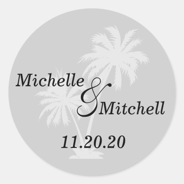 Tropical Palm Trees Wedding Labels (Silver) (Front)