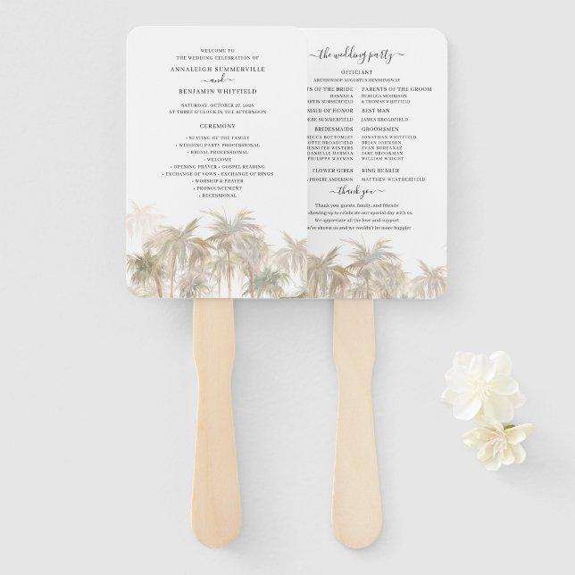 Tropical Palm Trees Wedding Program Hand Fan (Front and Back)