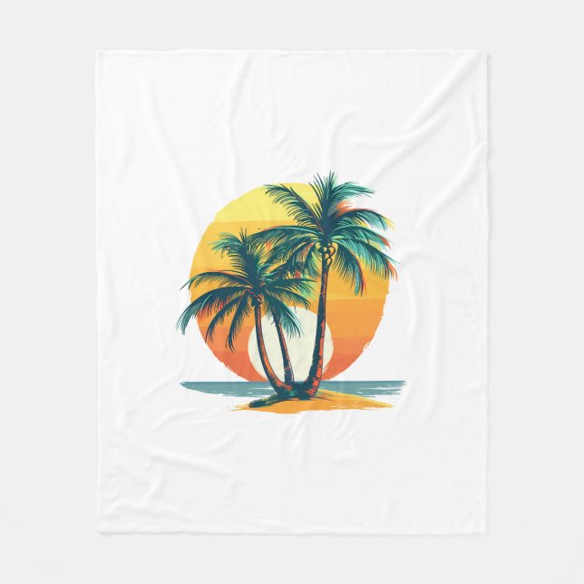 Tropical Palm Trees with Vibrant Sunset Fleece Blanket (Front)
