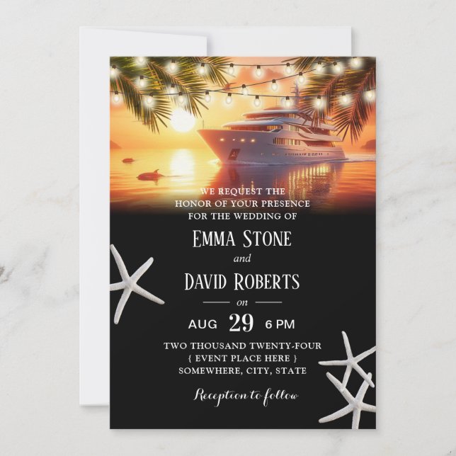 Tropical Palm Trees & Yacht Sunset Beach Wedding Invitation (Front)