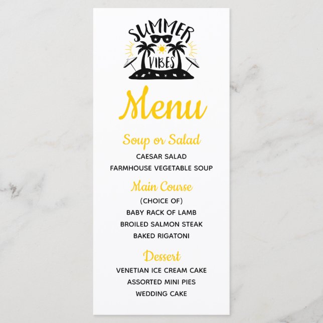 Tropical Palm Trees Yellow Beach Summer Wedding Menu (Front)