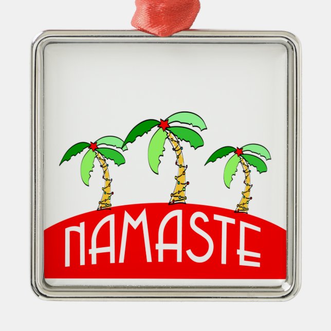 Tropical Palm Trees Yoga Namaste Christmas Metal Tree Decoration (Front)