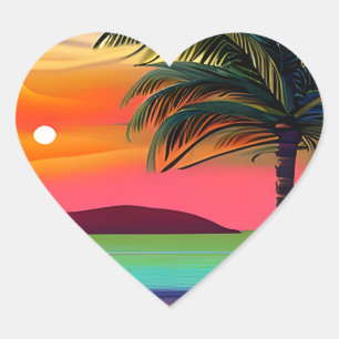 Tropical Palm Tres and Sunset Themed Heart Sticker