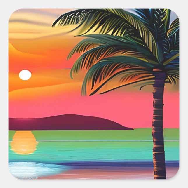 Tropical Palm Tres and Sunset Themed   Square Sticker (Front)
