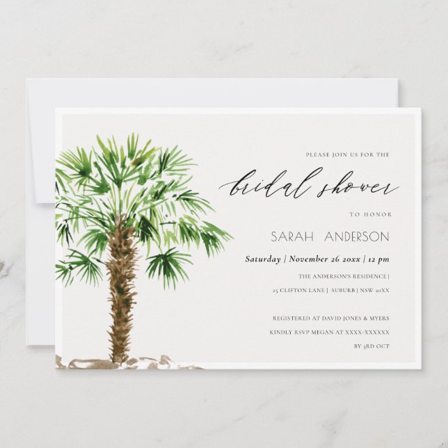 Tropical Palm Watercolor Bridal Shower Invite (Front)