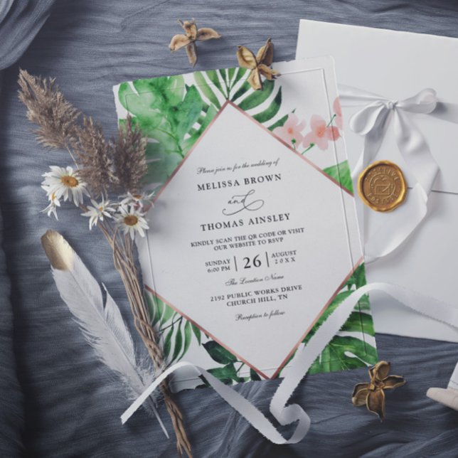 Tropical Palm Watercolor Budget QR Code Wedding Invitation (Creator Uploaded)