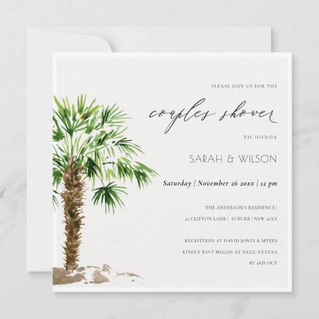 Tropical Palm Watercolor Couples Shower Invite (Front)