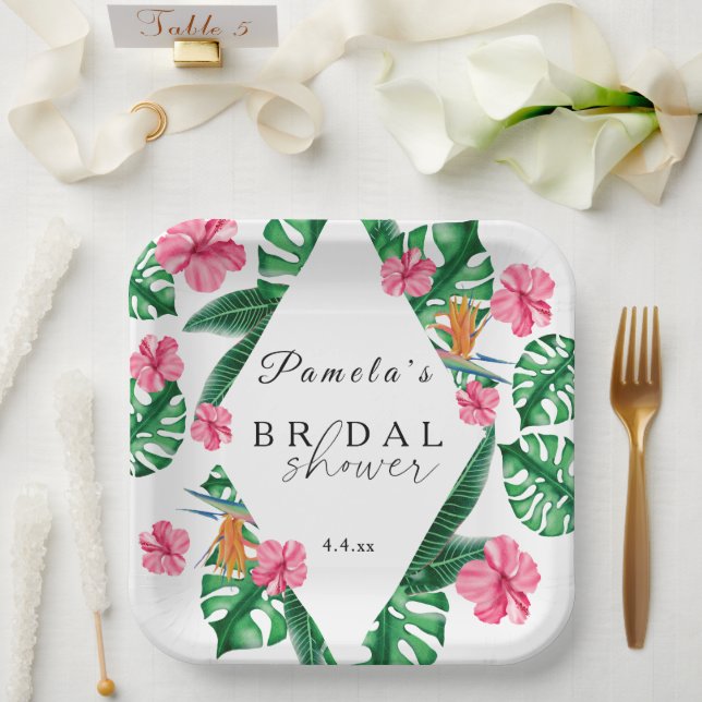 Tropical Palm Watercolor Geometric Bridal Shower  Paper Plate (Wedding)
