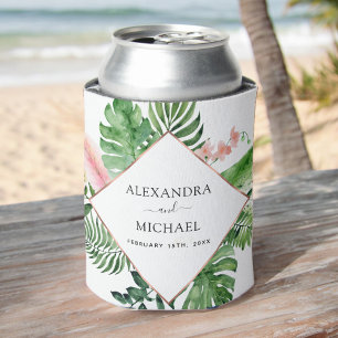 Tropical Palm Watercolor Geometric Wedding Can Cooler