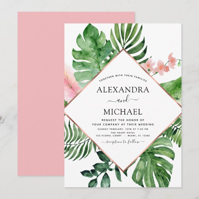 Tropical Palm Watercolor Geometric Wedding Invitation (Front/Back)