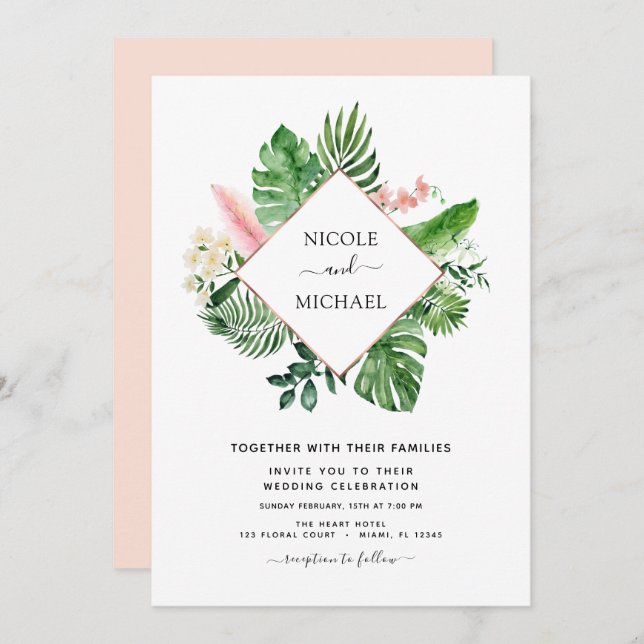 Tropical Palm Watercolor Geometric Wedding Invitation (Front/Back)