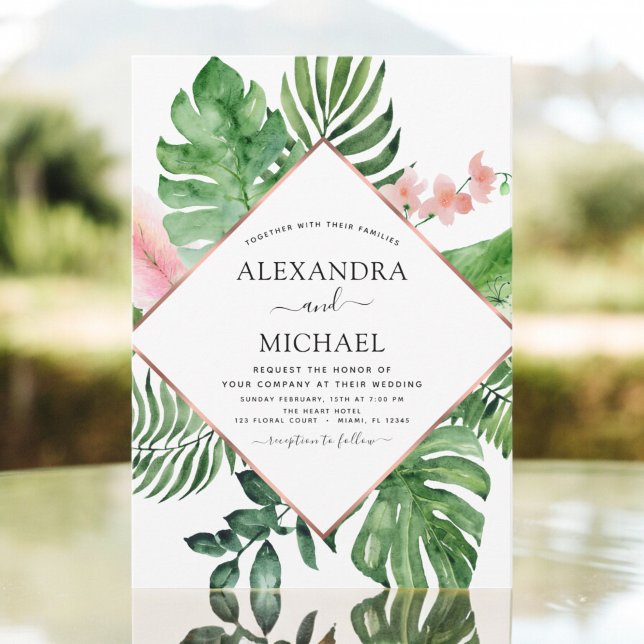 Tropical Palm Watercolor Geometric Wedding Invitation (Creator Uploaded)