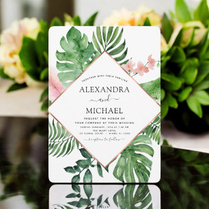 Tropical Palm Watercolor Geometric Wedding Invitation