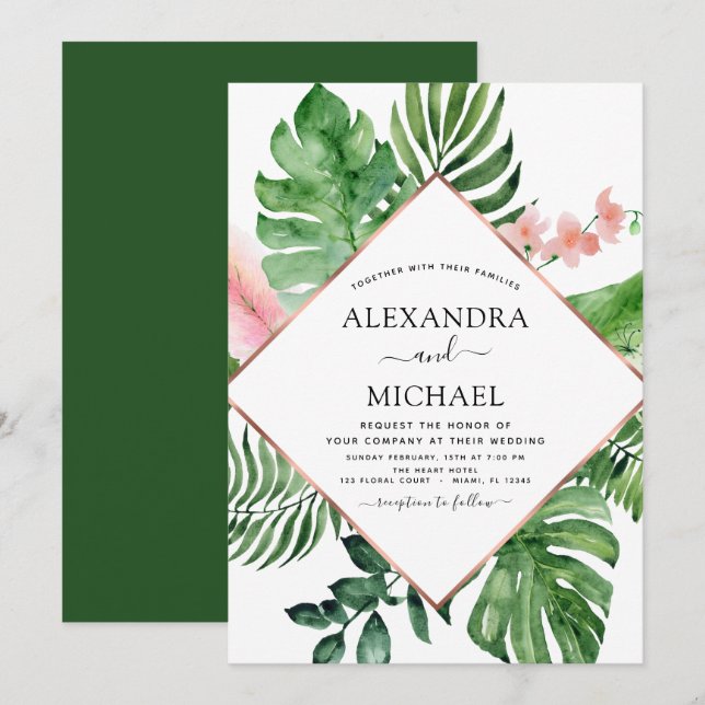Tropical Palm Watercolor Geometric Wedding Invitation (Front/Back)