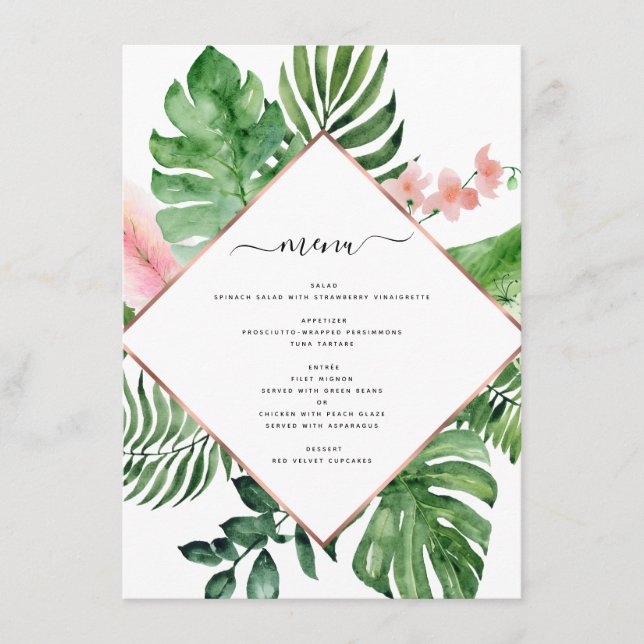 Tropical Palm Watercolor Geometric Wedding Menu (Front)