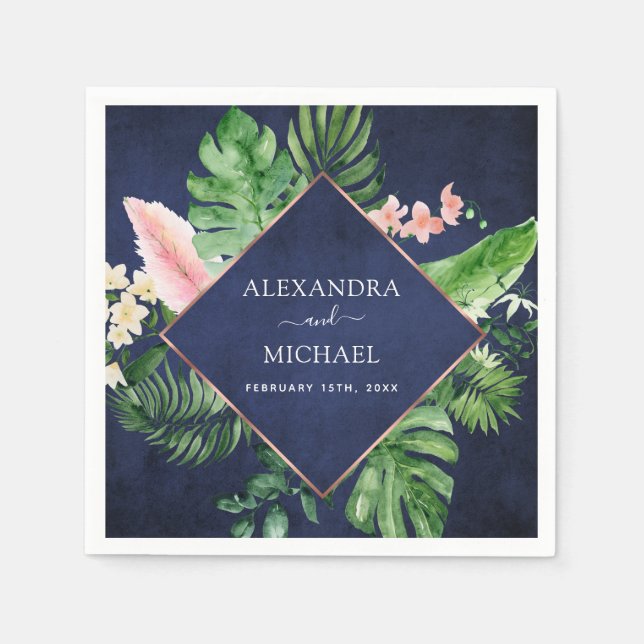 Tropical Palm Watercolor Geometric Wedding Napkin (Front)