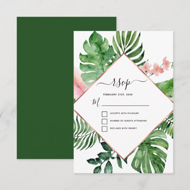 Tropical Palm Watercolor Geometric Wedding RSVP Invitation (Front/Back)