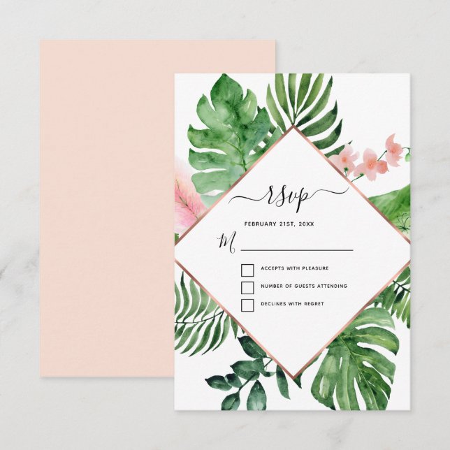 Tropical Palm Watercolor Geometric Wedding RSVP Invitation (Front/Back)