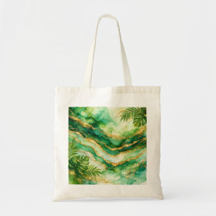 Tropical Palm Watercolor Green Agate Gold Luxury Tote Bag