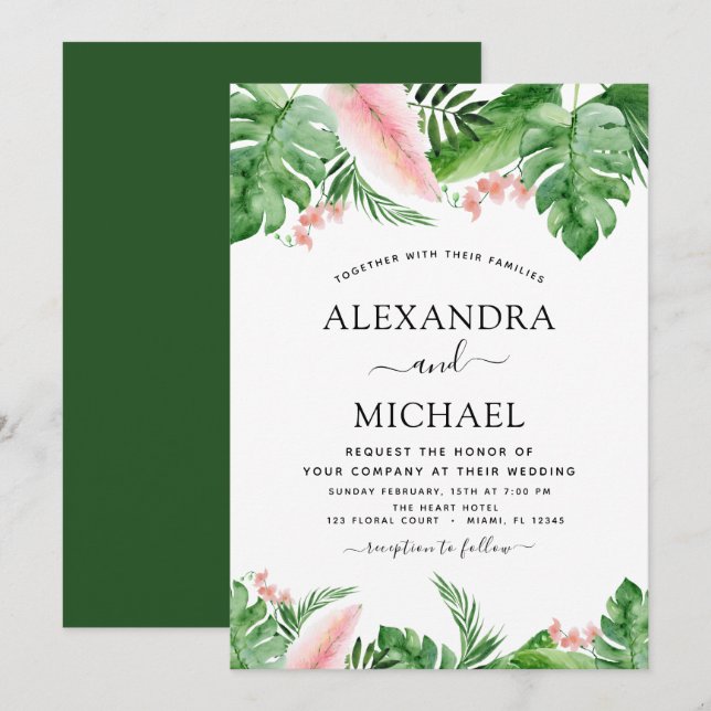 Tropical Palm Watercolor Green Blush Pink Wedding Invitation (Front/Back)