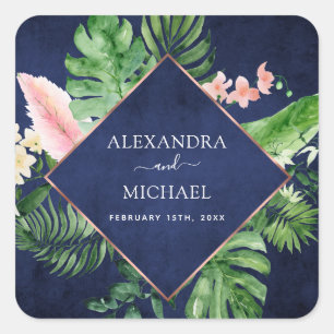 Tropical Palm Watercolor Navy Blue Wedding Seal