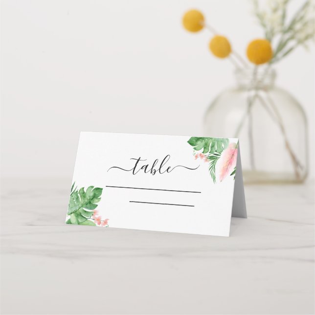 Tropical Palm Watercolor Wedding Place Card (Front)