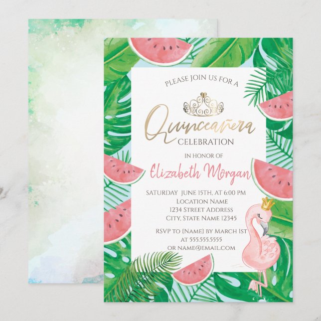 Tropical Palm Watermelon Pink Flamingo Invitation (Front/Back)