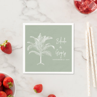 Tropical Palm Wedding Cocktail Napkins Text Green