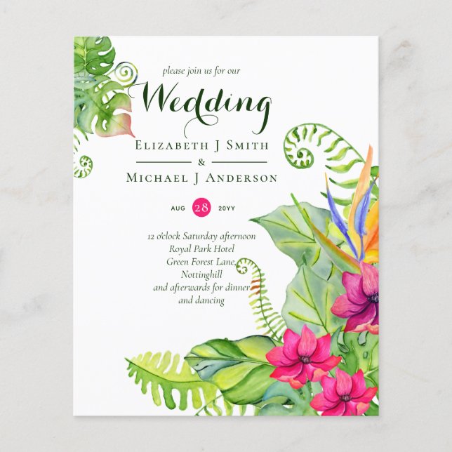 Tropical Palm Wedding Invites Fuchsia Ginger (Front)