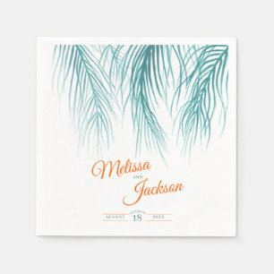 Tropical palm wedding lush teal blue orange white napkin