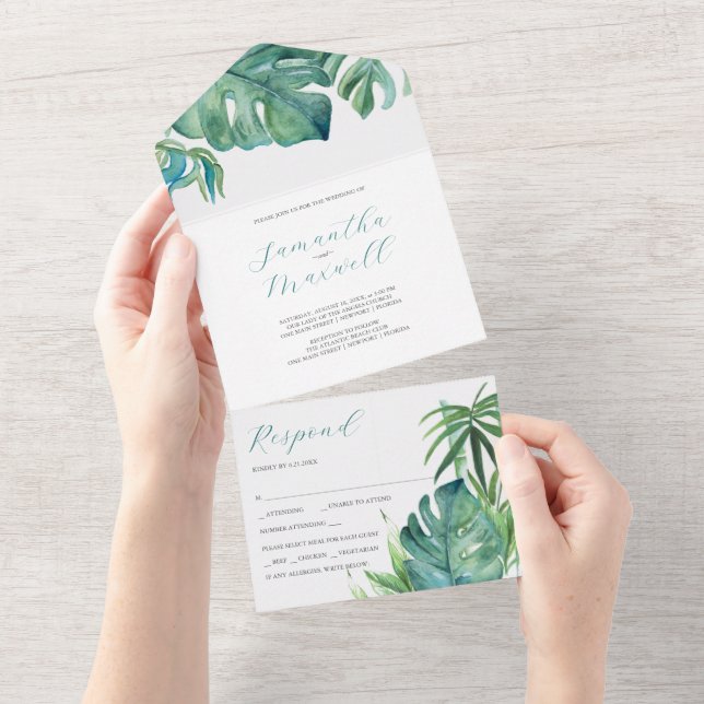 Tropical Palm Wedding Modern All In One Invitation (Tearaway)