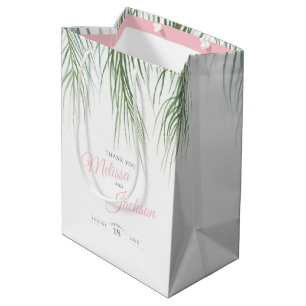 Tropical palm wedding thanks dark green pink white medium gift bag